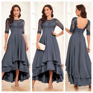 New Mother of the Bride (8) Stormy Blue Chiffon Half Sleeve Hi Lo  Maxi Dress